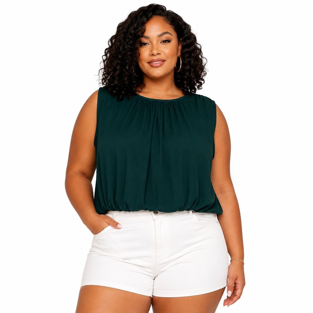 Les Serein Kirie Banded Top Dark Green XXL Sleeveless Blouse NWT
